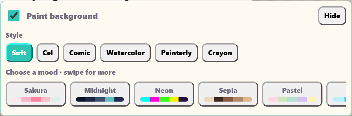 The mood picker showing each mood's colors