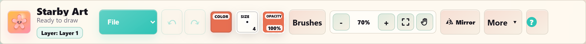 The top bar: Color, Size, Opacity, Brushes, zoom, Fit, Move and Mirror