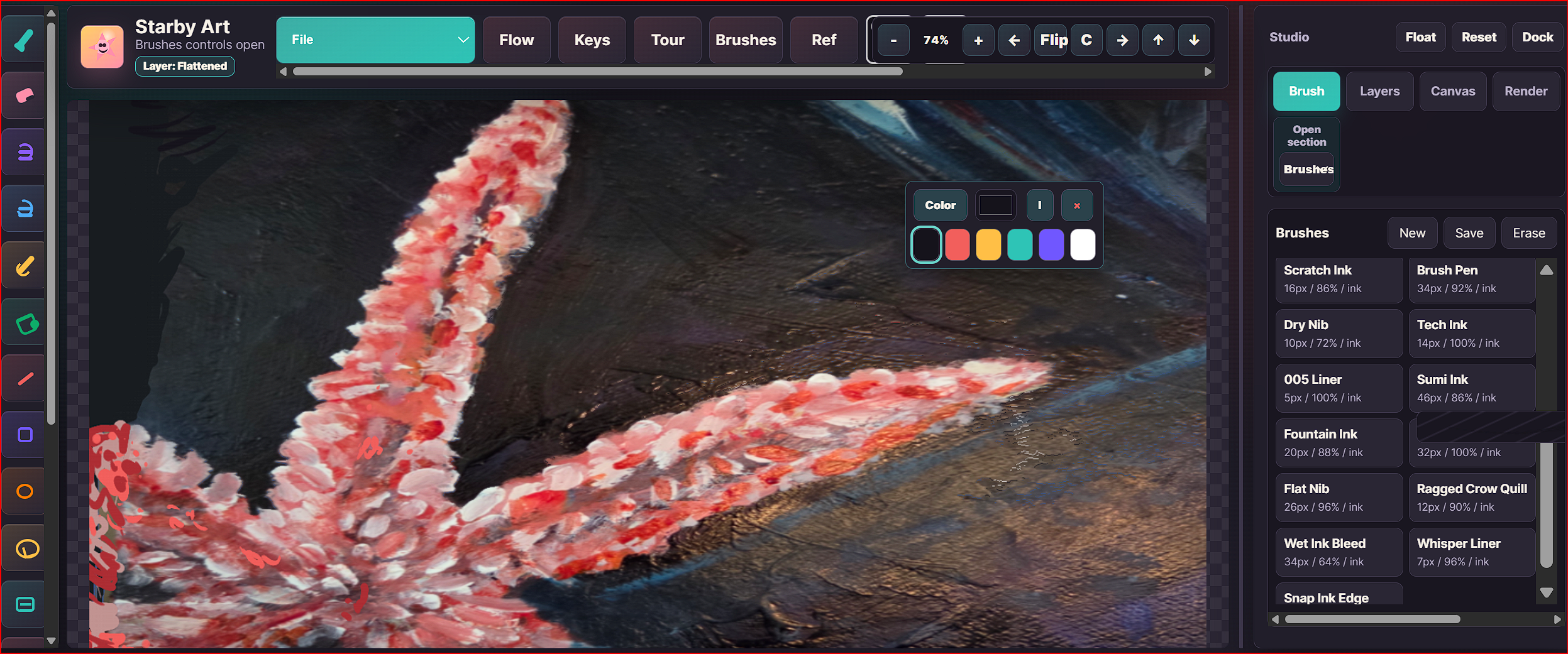 Starby Art studio preview showing brush choices, color puck, zoom controls, canvas, and painting tools